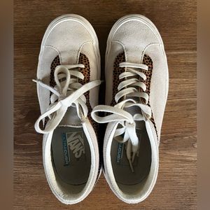 Off white suede Vans with tan stripe and black dots. Women size 6.5